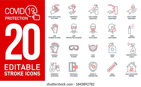 Prevention Coronavirus Covid19 black and red line icons set isolated on white. Perfect outline medicine symbol pandemic. black red design elements virus treatment. Protection Icon with editable Stroke