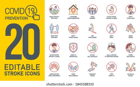 Prevention Coronavirus Covid19 color line icons set isolated on white. Perfect outline medicine colorful symbol pandemic. Colored design elements virus treatment. Protection Icons with editable Stroke