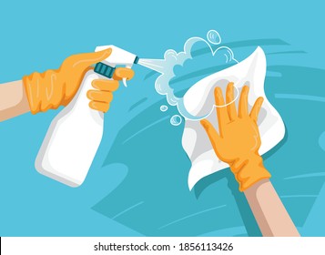 
Prevention coronavirus COVID-19 concept vector illustration. Surface cleaning with Spraying antibacterial sanitizing spray. Cleaner in the hand medical gloves. surface cleaning with alcohol spray. 