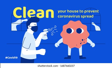 Prevention of Coronavirus or Covid-19 disease, man spraying the house to kill coronavirus