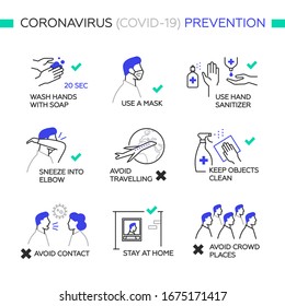 Prevención Coronavirus COVID-19. Conjunto simple de iconos de línea vectorial. Íconos como lavarse las manos, mascarilla, sangrado, estornudar en el codo, quedarse en casa, evitar viajes y multitud. Fondo blanco, aislado. 