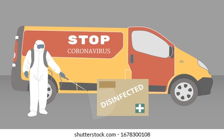 Prevention of coronavirus, covid-19. Stop the coronavirus. A man in a protective suit disinfects a box of goods. The safety of the Delivery during the quarantine.