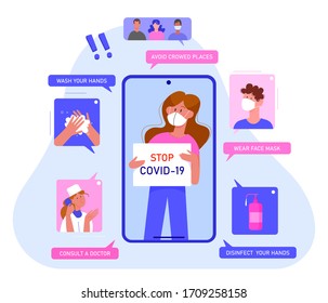 Prevención de la enfermedad del coronavirus ilustración plana concepto vectorial. Recomendaciones médicas a todos para la prevención del virus covid 19. Infografía de cuarentena, atención de la salud y seguridad