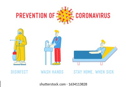 Prevention of Coronavirus Infection Infographics Poster. Disinfect, Wash Hands, Stay Home when Sick Banner, Medical Flyer or Brochure with Advice to People. Cartoon Flat Vector Illustration, Line Art