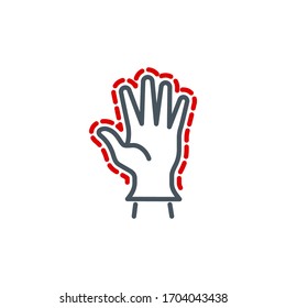 prevention of coronavirus infection single line icon isolated on white. Perfect outline symbol Covid 19 pandemic banner. Quality design element rubber medical glove on a man hand with editable Stroke