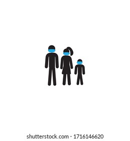 Prevention of coronavirus infection. Stick man figure of a man, woman, child in medical masks. Icon.