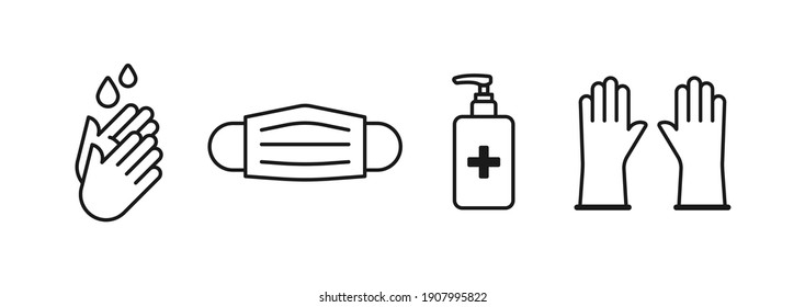 Prevention Coronavirus Outline Black Icon Set. Hand Washing, Medical Facial Mask, Hand Sanitizer Dispenser And Disposable Gloves. Covid-19. Vector Illustration, Flat Design