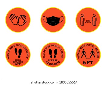 Prevention of coronavirus. Social distance sticker on the floor. Means of protection against infection. Signs and symbols. Orange and black color.Stock vector illustration on white isolated background