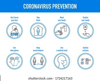 The prevention of coronavirus - the use of a medical mask and gloves, don't touch face, wash and sanitize hands, disinfection surfaces, maintaining a social distance, stay home. Vector illustration