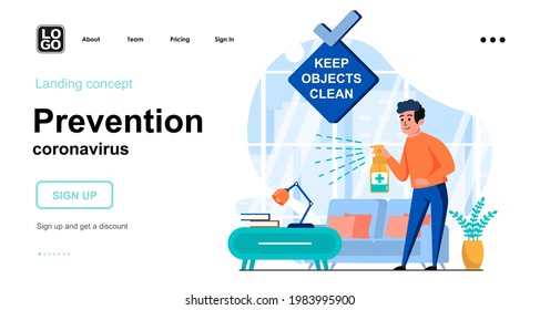 Prevention coronavirus web concept. Man keep objects clean using disinfection spray at home. Template of people scenes. Vector illustration with character activities in flat design for website