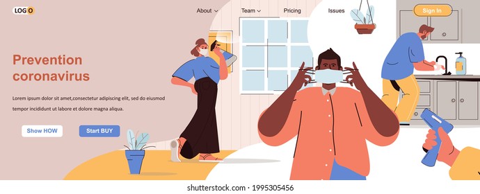 Prevention coronavirus web concept. Wear masks, wash hands, disinfect surfaces scene. Banner template with flat line characters design. Vector illustration for social media promotional materials
