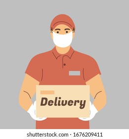 Prevention of coronovirus, covid-19. Delivery of the product during quarantine. A courier in a face mask and white gloves with a box in his hands.