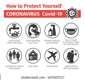 Prevention of the coronovirus Covid-19. How to protect yourself. The outbreak in the world. Pandemic disease. Vector illustration, icons.
