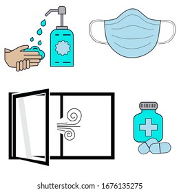 Prevention of Coronovirus Influenza Virus. Hand washing, Airing, Vitamins, Wearing Masks. The pandemic that has spread across countries,  epidemic. Viruses affecting the human body, animals, plants. 