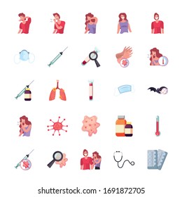 La prevención incluye 19 diseños de conjunto de iconos de estilo plano de virus de 2019 ncov cov coronavirus infección corona síntomas de enfermedad epidémica y tema médico Ilustración vectorial