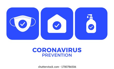 Prevention of COVID-19 all in one icon poster vector illustration. Coronavirus protection flyer with white icon set. Stay at home, use face mask, use hand sanitizer
