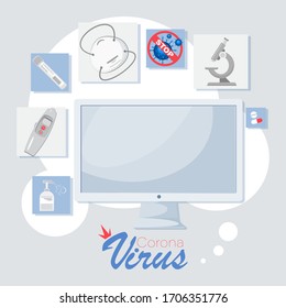  Prevención COVID-19. Ordenador. Tecnología de la información. Ilustración vectorial, afiche infográfico para la prevención de la infección viral.