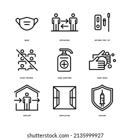 Prevention of COVID-19 disease icons set. Outline style. Vector. Isolate on white background.