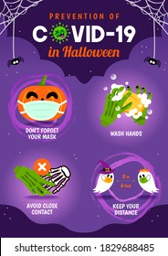 Prevention of COVID-19 in Halloween infographic flyer vector illustration. Coronavirus protection poster design