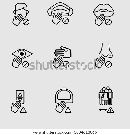 Prevention of COVID-19. Keep away from surfaces, face, eyes, nose, mouth, mask, bus handles, elevator panel button icons, and keep your distance in crowded places. Isolated outline icons. Vector