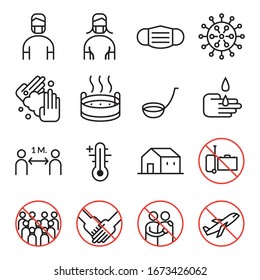 Prevention of Covid-19 Line Icons B&W Set, Coronavirus Disease, Health Care and Safety