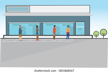 Prevention from covid19 is observed by responsible citizen standiing apart from each other in respective white borders marked on the road.