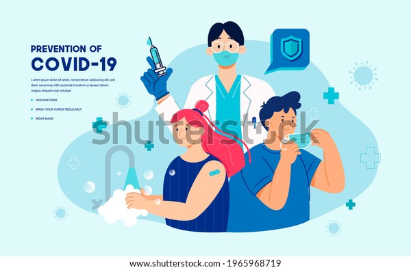 Prevention of\
Covid-19 promotion with vaccination, wearing face mask and washing\
hands regularly vector\
illustration