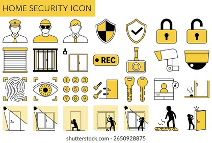 Prevenção de crimes e segurança doméstica, ícones, ilustração de vetor