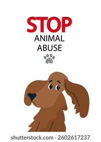 Prevention of Cruelty to Animals Month banner with sad dog vector illustration for support and charity campaign, raising awareness, adoption project, and help to stray animals