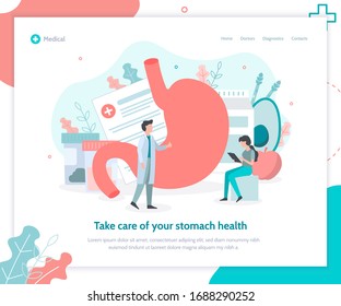 Prevention of digestive diseases. Proper nutrition, medical tests. Stomach health medical concept. Landing page template. Flat vector illustration.