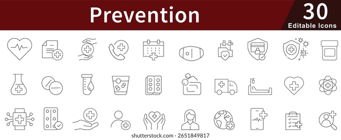 Prevenção Ícones de linha editáveis definidos para saúde, segurança, controle de riscos e medidas de proteção