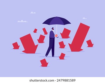 Prevention of financial crisis or stock market crash, business insurance, investment wealth protection, businessman holding umbrella to cover and protect from falling arrows