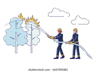Prevention Of Forest Wildfire Concept.People Rescue Forest From Fire. Global Catastrophe, Climate Cataclysm. Fire Brigade Are Extinguishing Forest Fire. Cartoon Outline Linear Flat Vector Illustration