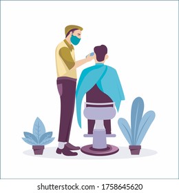 PREVENTION OF HAIR SALON ILLUSTRATION FLAT, EDUCATION COVID-19, ICON FACE MASK, SOCIAL DISTANCING, TEMPERATURE CHECK ICON DESIGN NEW NORMAL, ILLUSTRATION OF BARBERSHOP HAIR