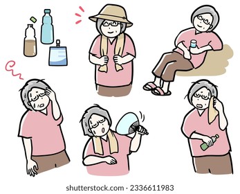 Prevention of Heat Stroke in Hot Season Senior Woman's Illustration Set