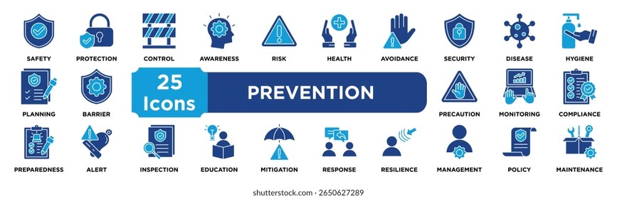 PREVENTION icon collection set. Containing safety,protection,control,awareness,risk,health,avoidance,security,disease,hygiene icon. dual tone vector.	