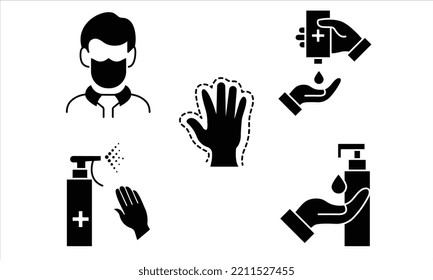 prevention icon  set. mask, gloves, distance, wash disinfect etc.
