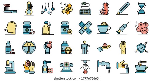 Prevention icons set. Outline set of prevention vector icons thin line color flat on white