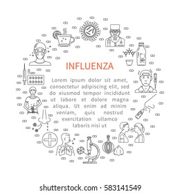 Prevention of influenza round banner in the trendy linear style. Symptoms and treatment of disease.