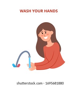 Prevention information illustration related to 2019-nCoV. Vector illustration of woman washing hands to avoid coronavirus in cartoon style