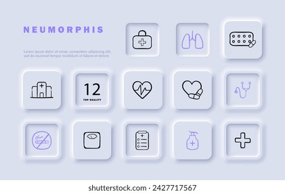 Prevention line icon set. Comprehensive, customized, therapeutic, first aid kit, hospital, scales, heartbeat, lungs . Neomorphism style. Vector line icon for business and advertising