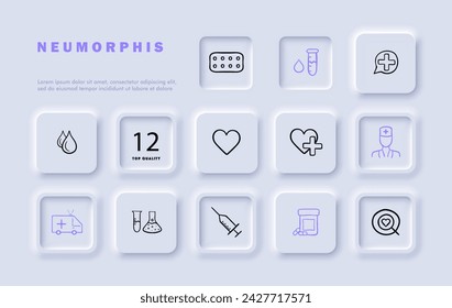 Prevention line icon set. Professional, effective, medical, therapy, healthcare, syringe, heart, pills, ambulance. Neomorphism style. Vector line icon for business and advertising