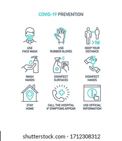 Prevention Line Icons Set Isolated On White. Outline Symbols Coronavirus Covid 19 Pandemic Banner. Quality Design Elements Mask, Gloves, Distance, Wash Disinfect Hands, Stay Home With Editable Stroke