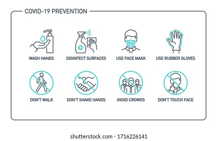 Prevention line icons set isolated on white. outline symbols Coronavirus Covid 19 pandemic banner. Quality design elements mask, gloves, distance, wash disinfect hands, stay home with editable Stroke