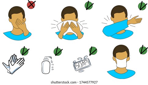 Prevention line icons set isolated on white. outline symbols Coronavirus Covid 19 pandemic banner. Quality design elements mask, gloves, distance, wash disinfect hands, stay home.