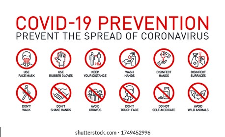 Prevention line icons set isolated on white. outline symbols Coronavirus Covid 19 pandemic banner. Quality design elements mask, gloves, distance, wash disinfect hands, stay home with editable Stroke