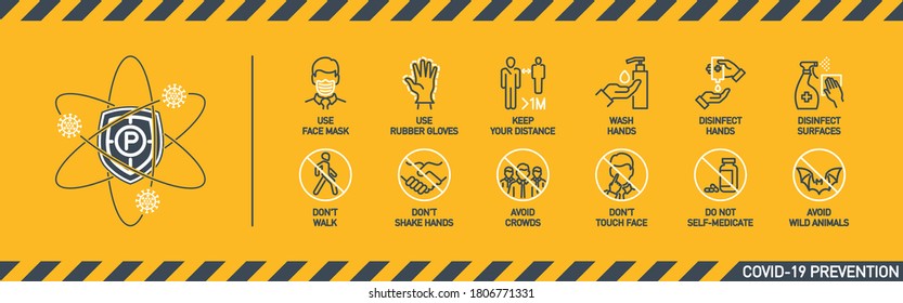 Prevention line icons set isolated on yellow. outline symbols Coronavirus Covid 19 pandemic banner. Quality design elements mask, gloves, distance, wash disinfect hands, stay home