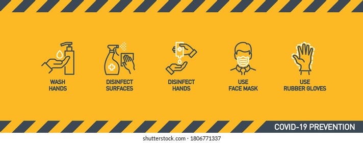 Prevention line icons set isolated on yellow. outline symbols Coronavirus Covid 19 pandemic banner. Quality design elements mask, gloves, distance, wash disinfect hands, stay home