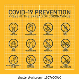 Prevention line icons set isolated on yellow. outline symbols Coronavirus Covid 19 pandemic banner. Quality design elements mask, gloves, distance, wash disinfect hands, stay home