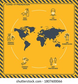 Iconos de la línea de prevención establecidos aislados en amarillo. símbolos de contorno Banner de la pandemia Coronavirus Covid 19. Elementos de diseño de calidad máscara, guantes, distancia, lavar manos desinfectadas, quedarse en casa